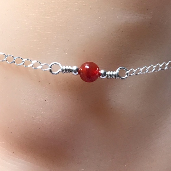 Red Agate Sterling Silver Ankle Bracelet- Fire Red Agate Sterling Silver Anklet - Picture 3 of 4